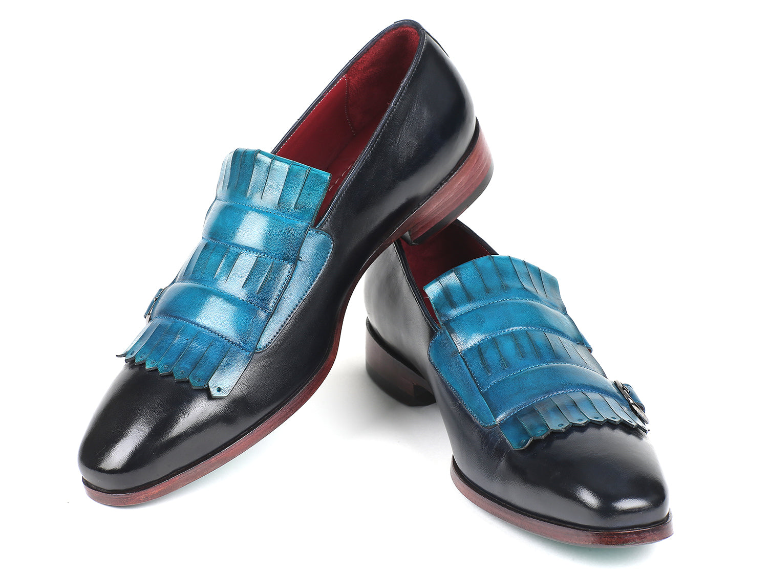 Paul Parkman Men's Blue & Navy Kiltie Double Monkstraps featuring hand-painted calfskin and turquoise leather sole.